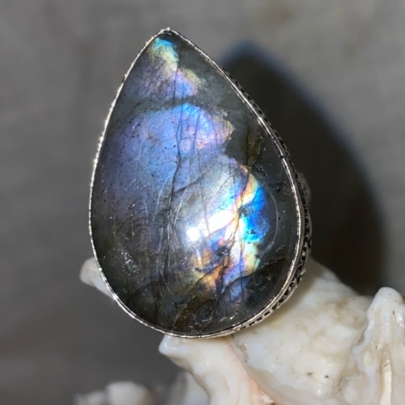 Exotic Blue Fire Labradorite Gemstone handcrafted teardrop ring